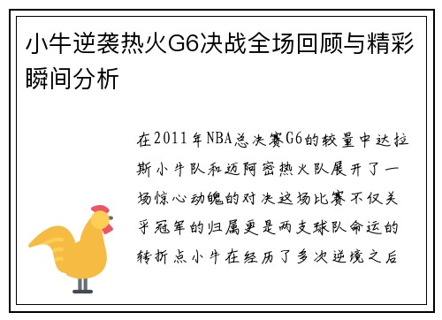 小牛逆袭热火G6决战全场回顾与精彩瞬间分析