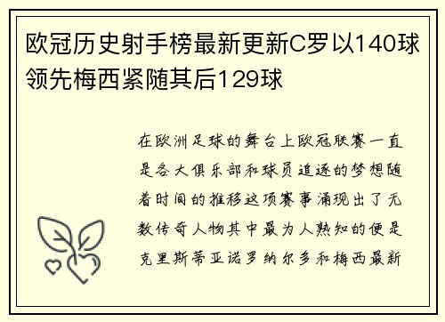欧冠历史射手榜最新更新C罗以140球领先梅西紧随其后129球