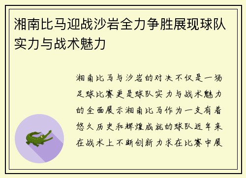 湘南比马迎战沙岩全力争胜展现球队实力与战术魅力