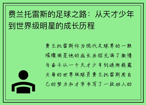 费兰托雷斯的足球之路：从天才少年到世界级明星的成长历程