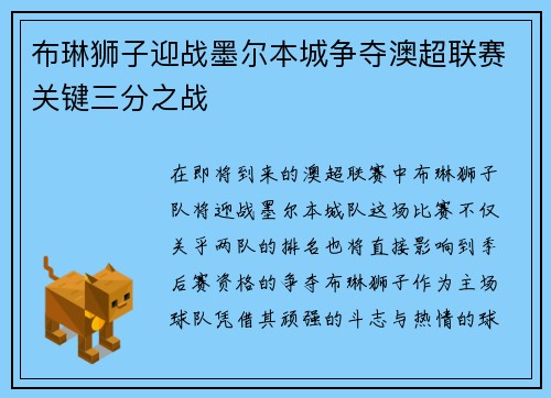 布琳狮子迎战墨尔本城争夺澳超联赛关键三分之战
