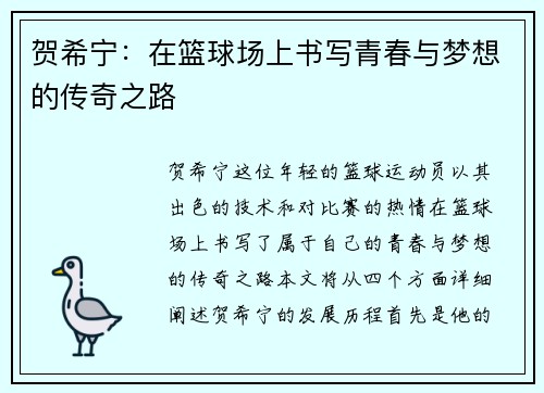 贺希宁：在篮球场上书写青春与梦想的传奇之路