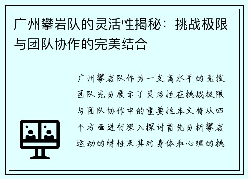 广州攀岩队的灵活性揭秘：挑战极限与团队协作的完美结合