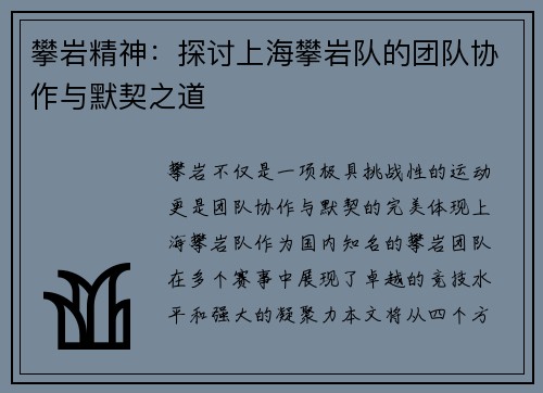 攀岩精神：探讨上海攀岩队的团队协作与默契之道