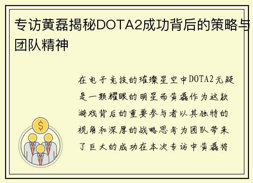 专访黄磊揭秘DOTA2成功背后的策略与团队精神